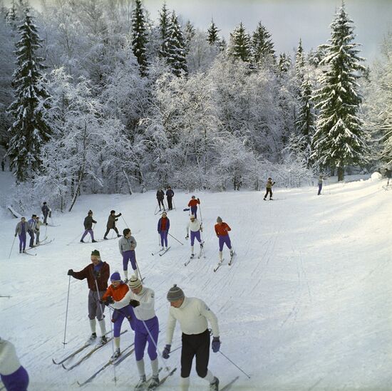 Moscow State University skiing club's members exercise