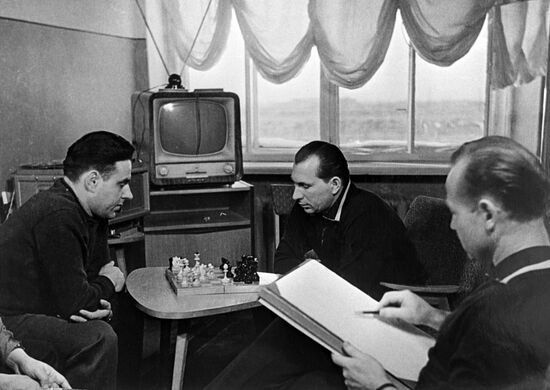 Soviet pilots and cosmonauts Alexei Leonov, Pavel Belyayev and Vladimir Komarov