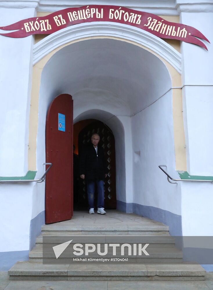 Russian President Vladimir Putin visits Pskov-Caves Monastery