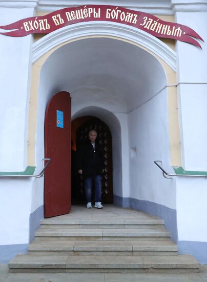 Russian President Vladimir Putin visits Pskov-Caves Monastery
