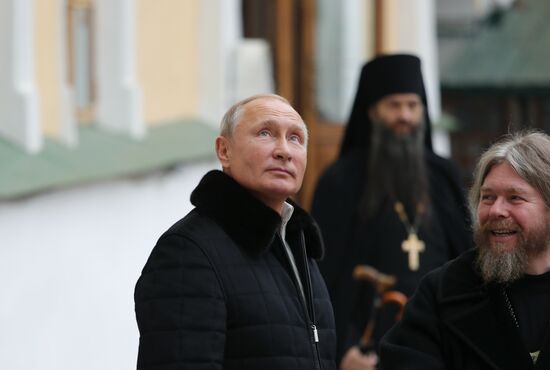 Russian President Vladimir Putin visits Pskov-Caves Monastery