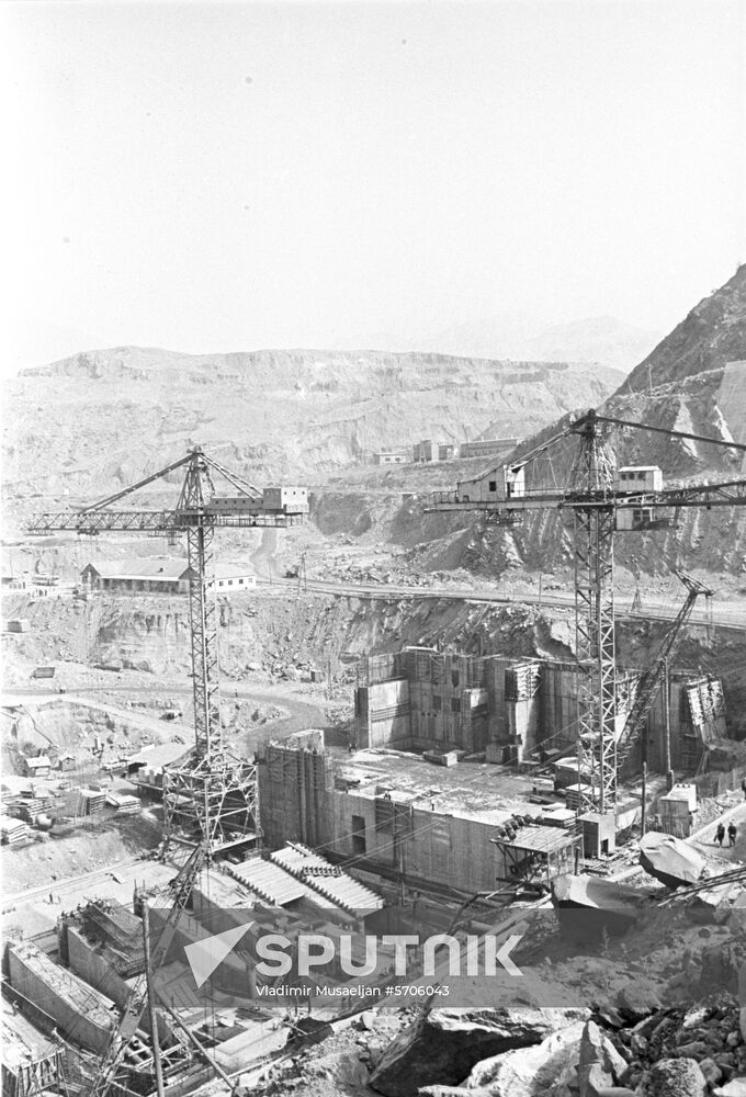 Nurek hydro power plant construction on Vakhsh river