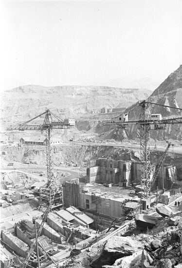 Nurek hydro power plant construction on Vakhsh river