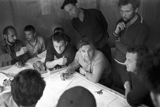 Geological prospecting party in Kuril islands
