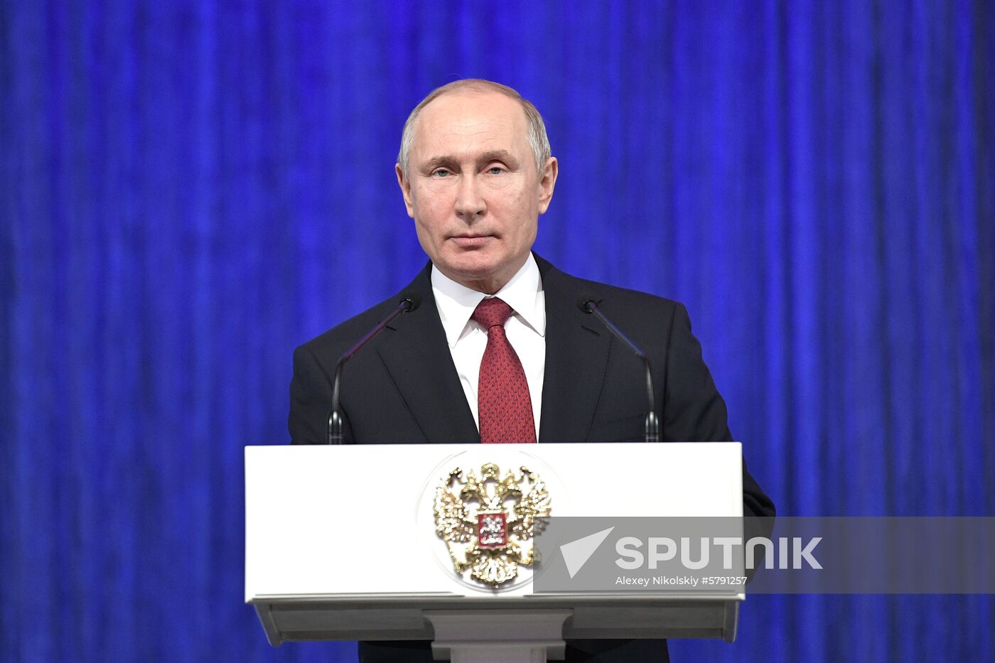 President Vladimir Putin speaks at gala evening to mark Defender of the Fatherland Day at Kremlin Palace