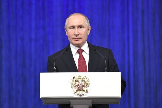 President Vladimir Putin speaks at gala evening to mark Defender of the Fatherland Day at Kremlin Palace
