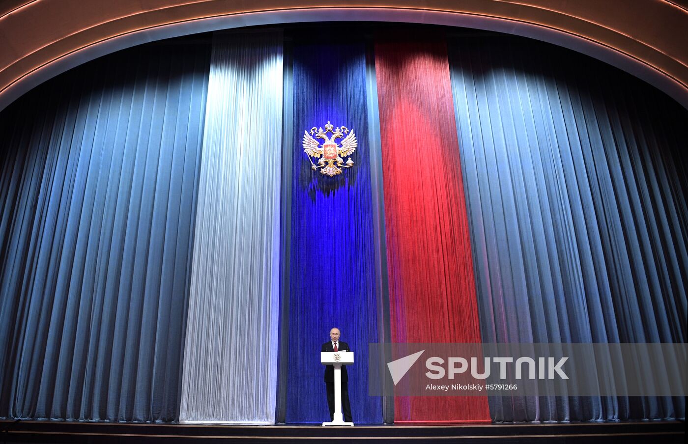 President Vladimir Putin speaks at gala evening to mark Defender of the Fatherland Day at Kremlin Palace