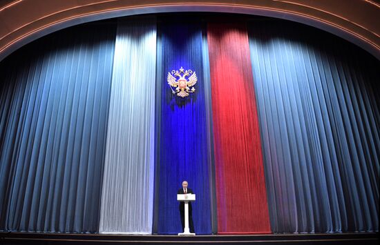 President Vladimir Putin speaks at gala evening to mark Defender of the Fatherland Day at Kremlin Palace