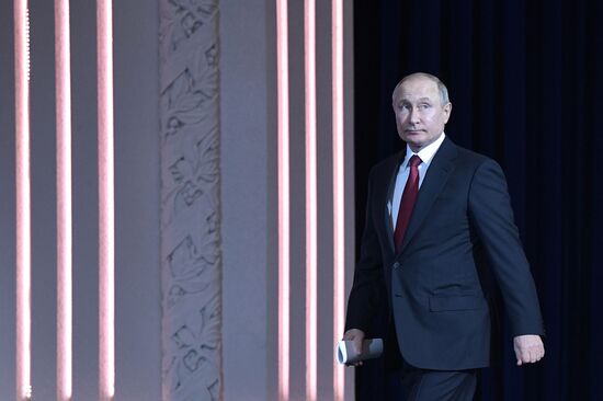 President Vladimir Putin speaks at gala evening to mark Defender of the Fatherland Day at Kremlin Palace