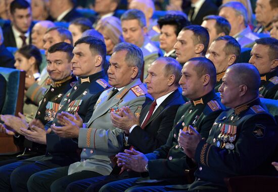 President Vladimir Putin speaks at gala evening to mark Defender of the Fatherland Day at Kremlin Palace