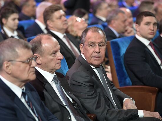 President Vladimir Putin speaks at gala evening to mark Defender of the Fatherland Day at Kremlin Palace