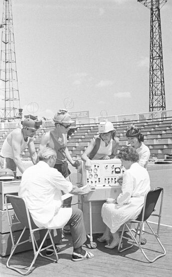 Physiologists and athletes at stadium in Krasnodar