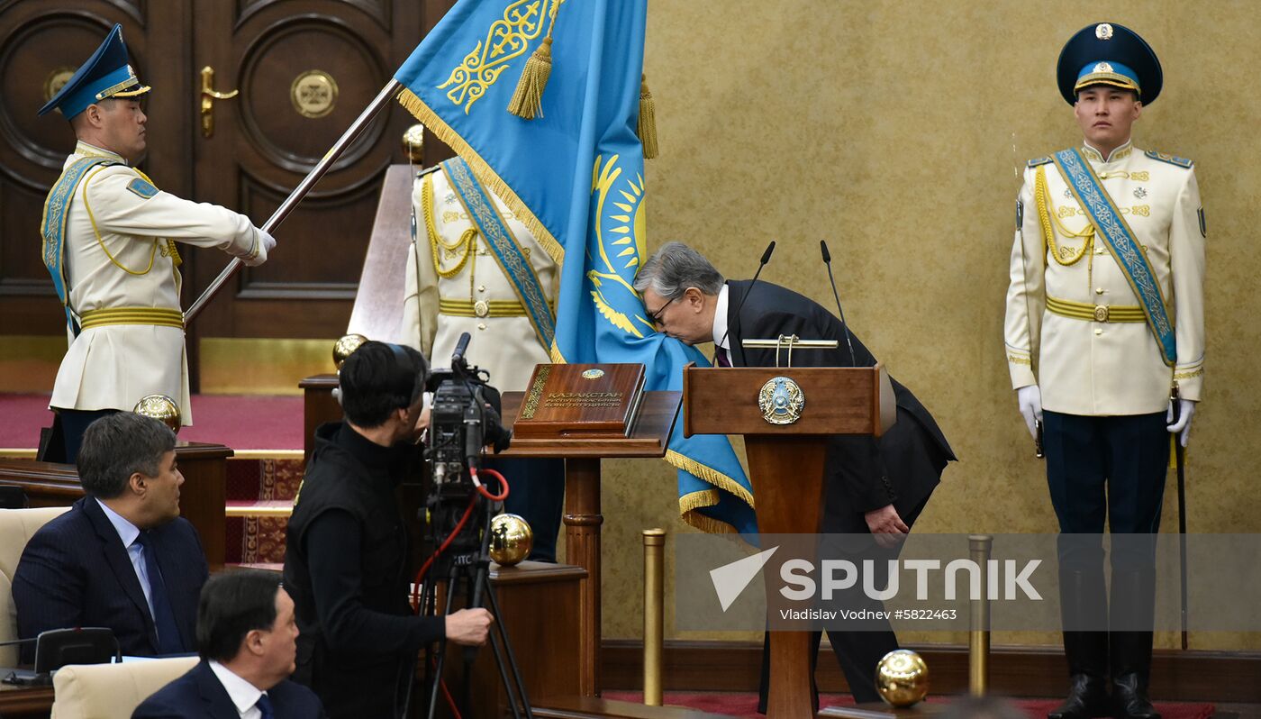 New Kazakh President Kassym-Jomart Tokayev attends his inauguration ceremony, in Astana, Kazakhstan. Kazakhstan has sworn in Tokayev as interim president a day after longtime leader Nazarbayev resigned. Location: Kazakhstan, Astana. Author: Vladislav Vodnev/Sputnik. Kazakhstan New President