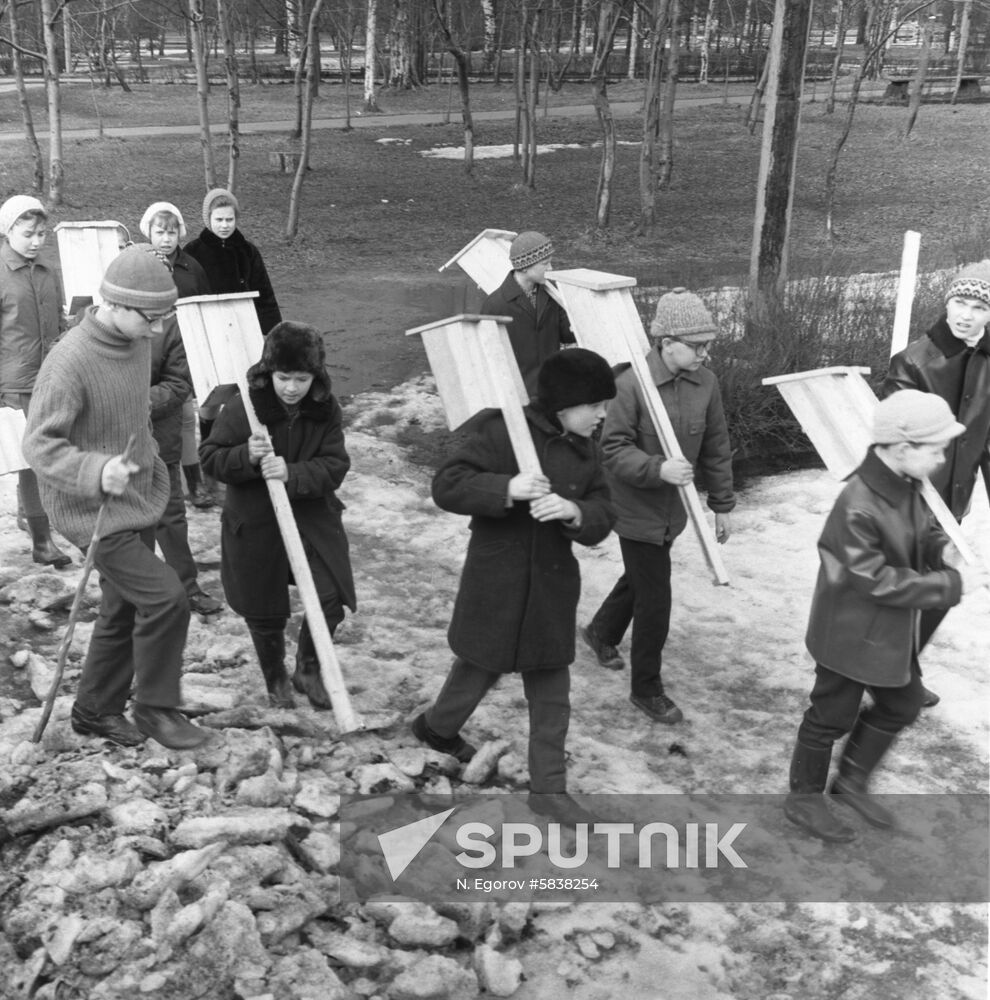 Schoolchildren with birdhouses