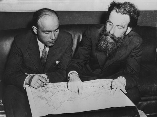 Soviet polar explorers Georgy Ushakov and Otto Shmidt