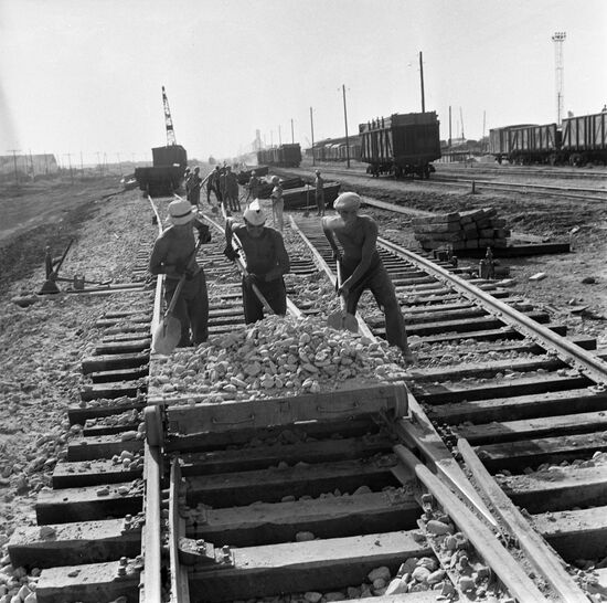 Student construction brigade at railway construction site