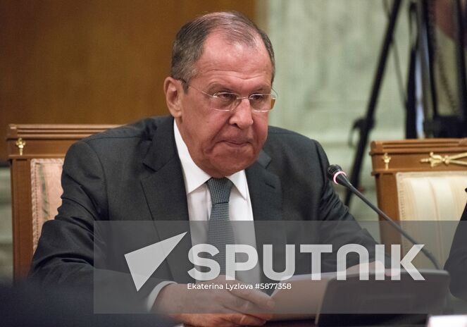 Russian Foreign Minister Sergei Lavrov listens to US State Secretary Mike Pompeo duirng their meeting, in Sochi, Russia. Location: Russia, Sochi. Author: Ekaterina Lyzlova/Sputnik. Russia U.S.
