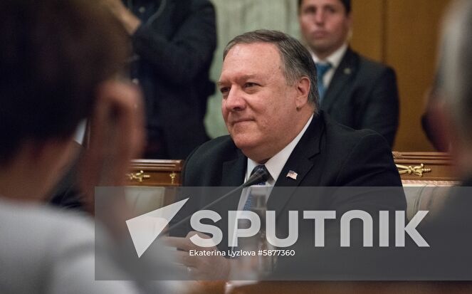 US State Secretary Mike Pompeo listens to Russian Foreign Minister Sergei Lavrov duirng their meeting, in Sochi, Russia. Location: Russia, Sochi. Author: Ekaterina Lyzlova/Sputnik. Russia U.S.