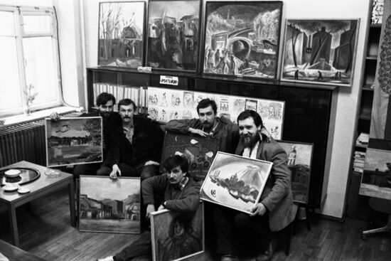 Participants of group of artists from Leningrad 'Mitki'