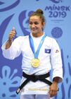Gold medalist Kosovo's Majlinda Kelmendi poses for a photo during the awarding ceremony after the women's 52 kg half-light weight judo contest at the 2nd European Games in Minsk, Belarus. Location: Belarus, Minsk. Author: Vladimir Astapkovich/Sputnik. Belarus European Games Judo