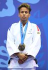 Bronze medalist France's Amandine Buchard poses for a photo during the awarding ceremony after the women's 52 kg half-light weight judo contest at the 2nd European Games in Minsk, Belarus. Location: Belarus, Minsk. Author: Vladimir Astapkovich/Sputnik. Belarus European Games Judo