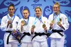 From left, silver medalist Kosovo's Nora Gjakova, gold medalist Russia's Daria Mezhetskaya, bronze medalists Portugal's Telma Monteiro and Germany's Pauline Starke pose for a photo during the awarding ceremony after the women's 57 kg light weight judo contest at the 2nd European Games in Minsk, Belarus. Location: Belarus, Minsk. Author: Vladimir Astapkovich/Sputnik. Belarus European Games Judo
