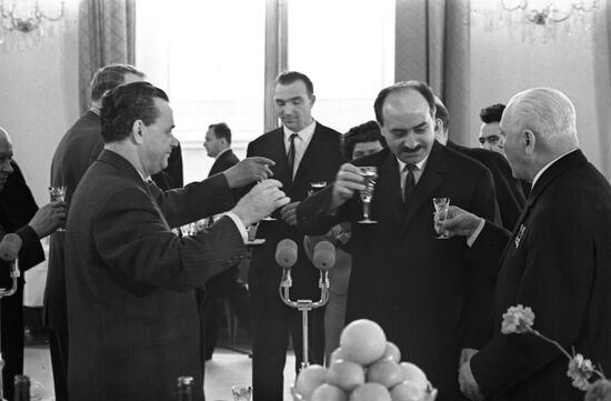 Nikolai Patolichev, Anastas Mikoyan and Kliment Voroshilov at reception