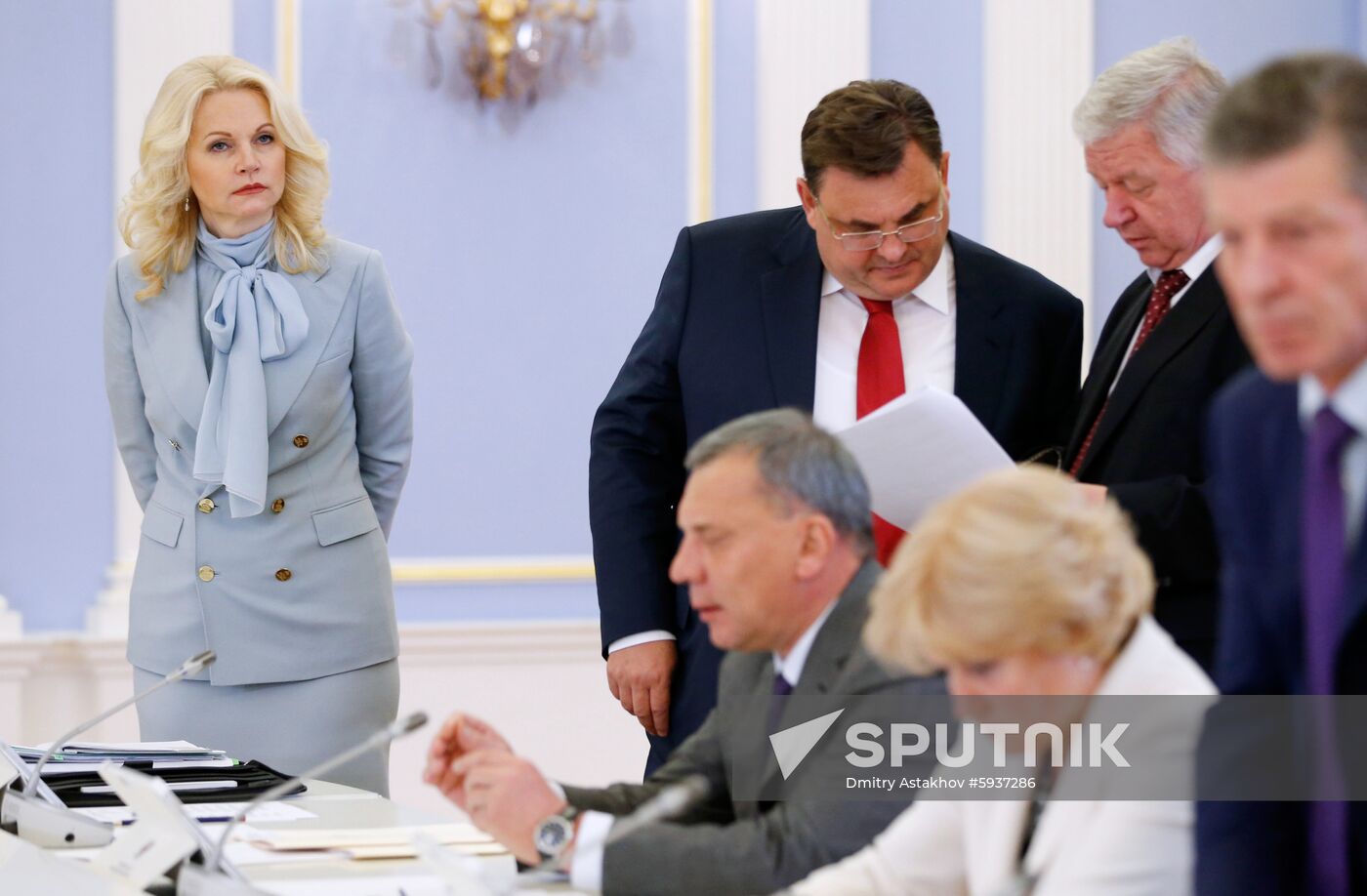 Deputy Prime Minister Tatyana Golikova, left, waits before a government meeting at the Gorki residence, outside Moscow, Russia. Location: Russia, Moscow. Author: Dmitry Astakhov/Sputnik. Russia Medvedev Government