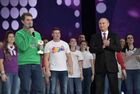 December 6, 2017. President Vladimir Putin has presented the Volunteer of Russia 2017 award to winner in the Volunteer of the Year category, Head of the Save Baikal project Maxim Tokarev, left, at the Megasport Sport Palace, Moscow. Location: Russia, Moscow. Author: Aleksey Nikolskyi/Sputnik. President Vladimir Putin at Volunteer of Russia 2017 award ceremony