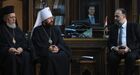 From left: Archbishop Niphon of Philippolis, Russia's Orthodox Church Metropolitan Hilarion of Volokolamsk and Syria's Minister of Religious Endowments (Awqaf) Mohammad Abdul-Sattar al-Sayyed attend a meeting with an interconfessional delegation of Russia's religious leaders, in Damascus, Syria, November 17, 2018. Location: Syria, . Author: Mikhail Voskresenskiy/Sputnik. Syria Interconfessional Meeting