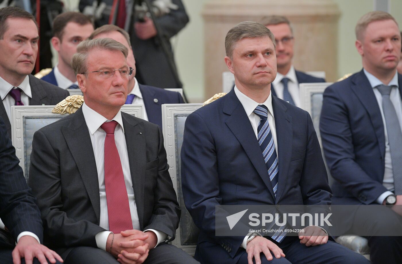 Sberbank CEO Herman Gref, left, and Russian Railways CEO Oleg Belozerov attend a signing of agreements on high-tech development between Russia's government and state-owned companies in Moscow's Kremlin, Russia. Location: Russia, Moscow. Author: Alexei Druzhinin/Sputnik. Russia Economy