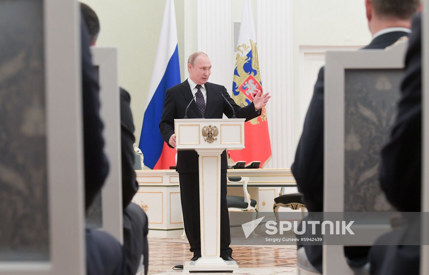 Russian President Vladimir Putin makes a speech as he attends a signing of agreements on high-tech development between Russia's government and state-owned companies in Moscow, Russia. Location: Russia, Moscow. Author: Sergey Guneev/Sputnik. Russia Economy