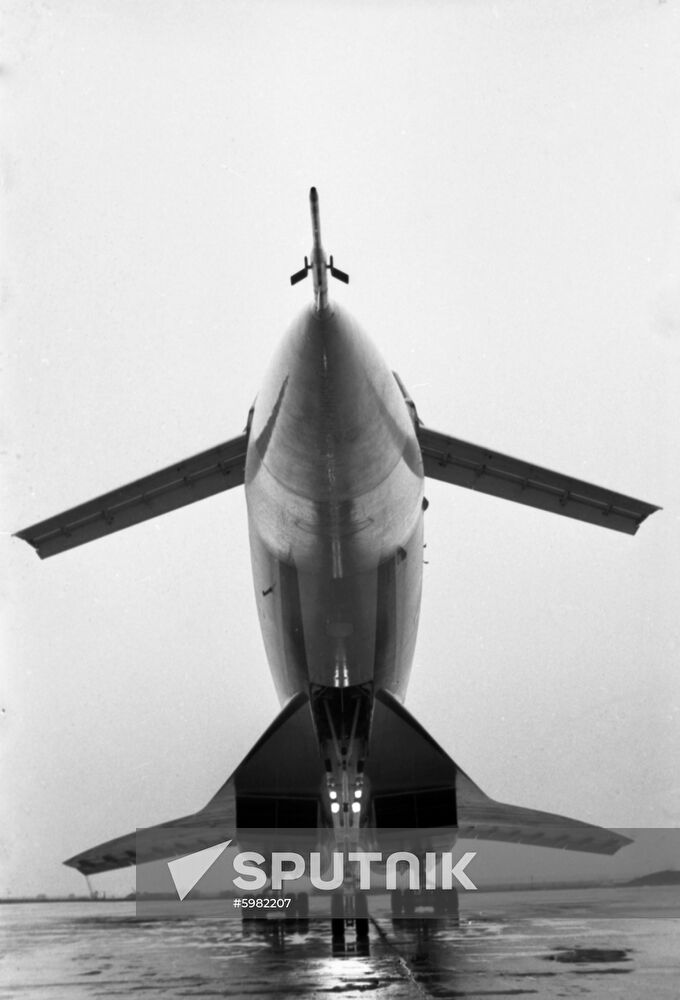 Tupolev Tu-114 aircraft stands on runway