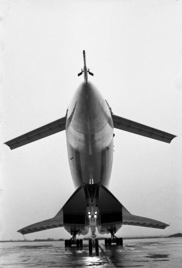 Tupolev Tu-114 aircraft stands on runway