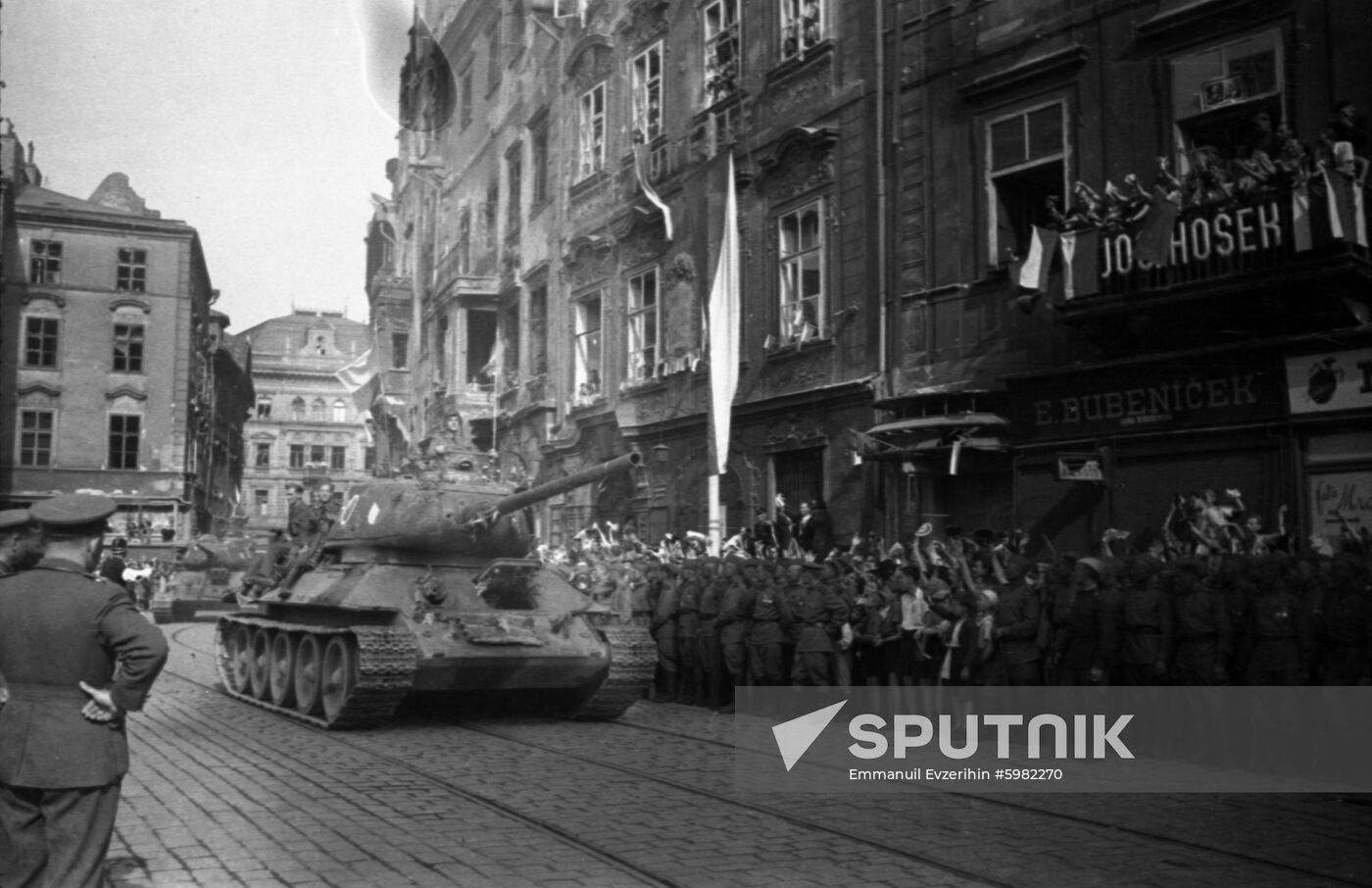Residents of Prague greet Soviet tank crews