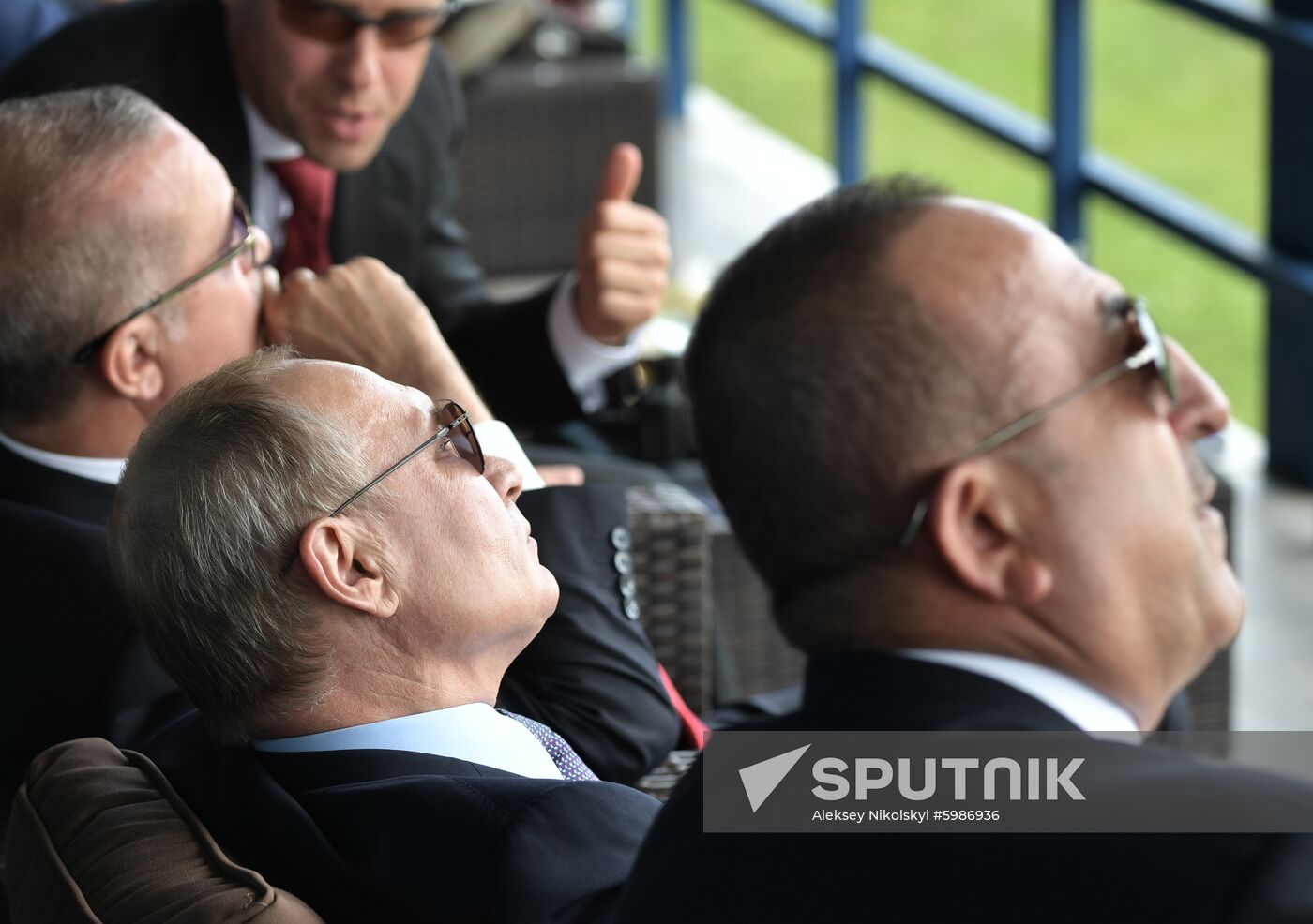 Russian President Vladimir Putin and his Turkish counterpart Recep Tayyip Erdogan watch a performance of aircrafts during the MAKS-2019 International Aviation and Space Show in Zhukovsky, outside Moscow, Russia. Location: Russia, Moscow region, Zhukovsky. Author: Aleksey Nikolskyi/Sputnik. Russia MAKS Air Show Putin Erdogan