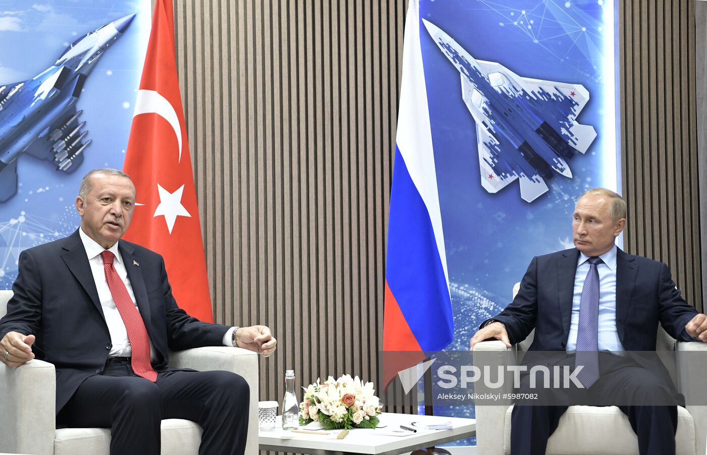 Russian President Vladimir Putin meets with his Turkish counterpart Recep Tayyip Erdogan on the sidelines of the MAKS-2019 International Aviation and Space Show in Zhukovsky, outside Moscow, Russia. Location: Russia, Moscow region, Zhukovsky. Author: Aleksey Nikolskyi/Sputnik. Russia MAKS Air Show Putin Erdogan