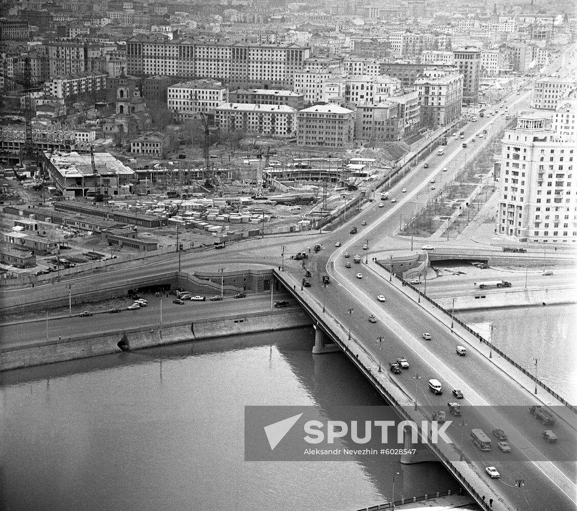 View of Council for Mutual Economic Assistance building construction site and Novoarbatsky Bridge