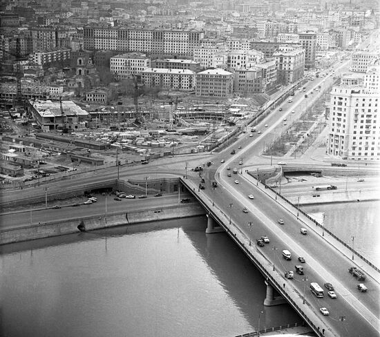 View of Council for Mutual Economic Assistance building construction site and Novoarbatsky Bridge