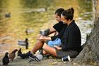 People feed pigeons near the lake in Simferopol, Crimea, Russia. Location: Russia, Simferopol. Author: Konstantin Mihalchevskiy/Sputnik. Russia Autumn