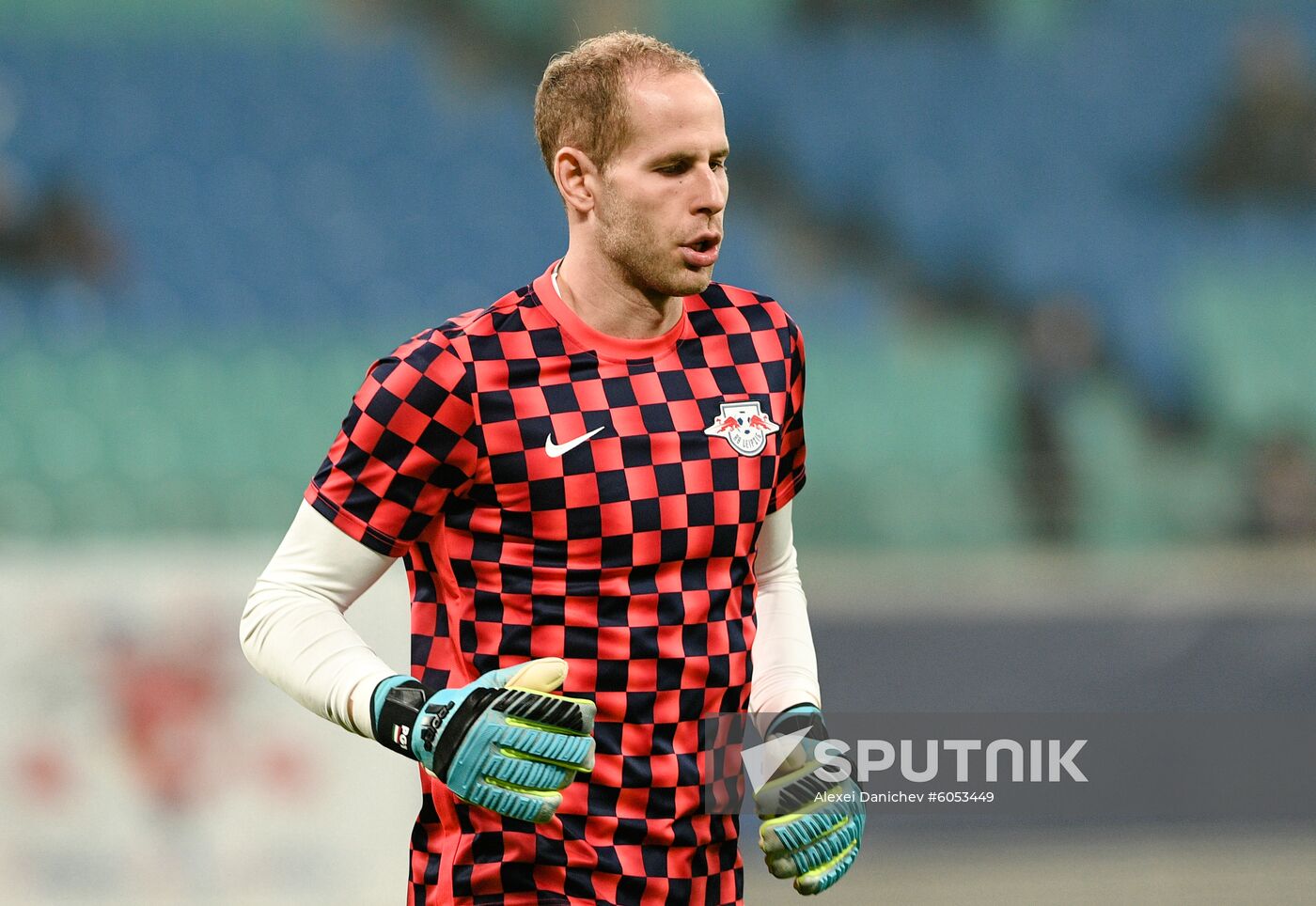 Leipzig's goalkeeper Peter Gulacsi warms up before the Champions League soccer match between Leipzig and Zenit St. Petersburg, in Leipzig, Germany. Location: Germany, Leipzig. Author: Alexei Danichev/Sputnik. Germany Soccer Champions League Leipzig - Zenit