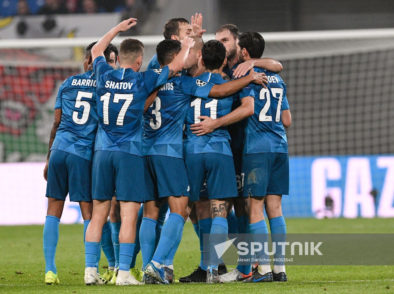 Zenit's players celebrate team's goal during the Champions League soccer match between Leipzig and Zenit St. Petersburg, in Leipzig, Germany. Location: Germany, Leipzig. Author: Alexei Danichev/Sputnik. Germany Soccer Champions League Leipzig - Zenit