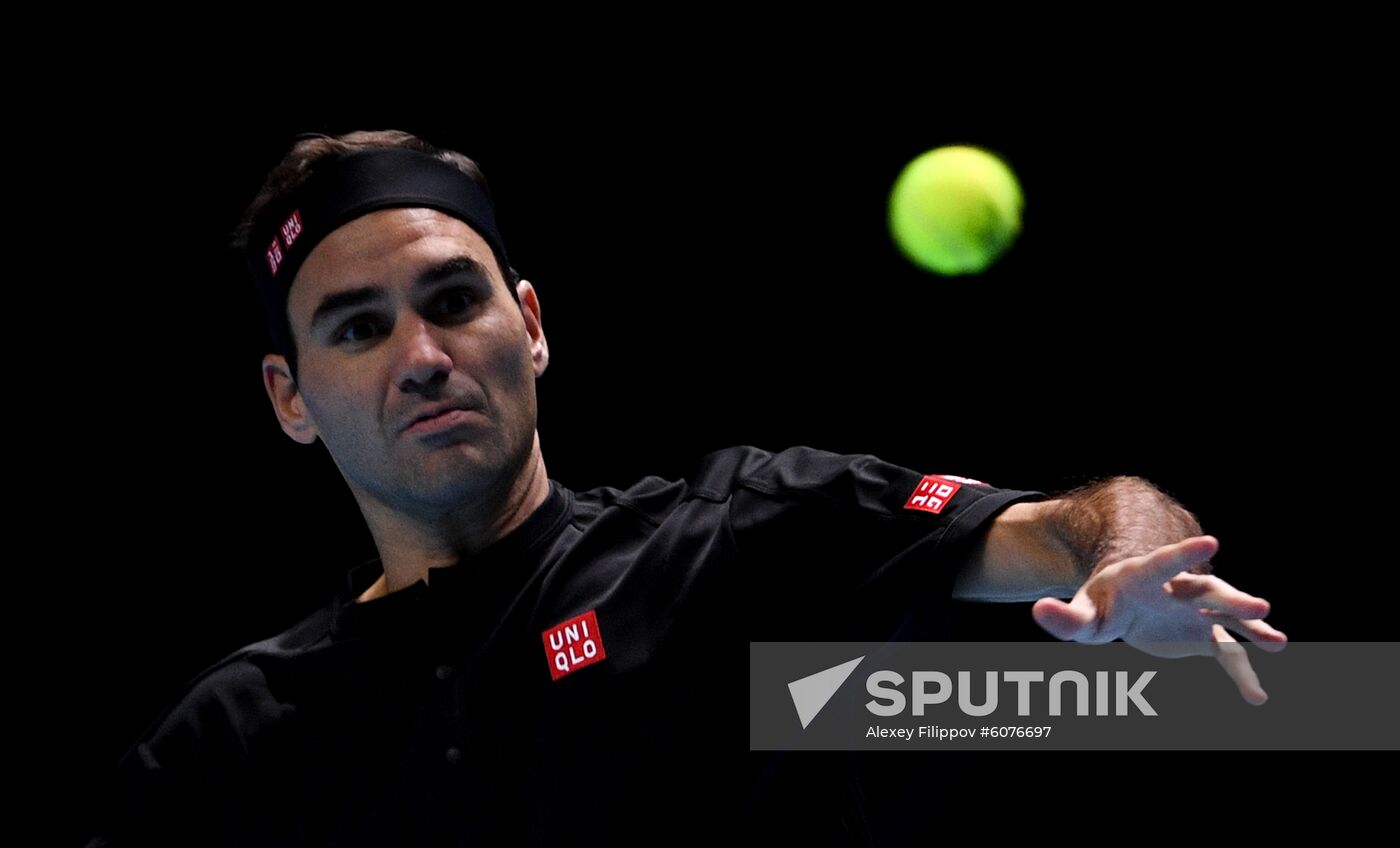 Switzerland's Roger Federer returns a shot during the semi final men's singles tennis match against Greece's Stefanos Tsitsipas at the ATP World Tour Finals tournament in London, Britain. Location: United Kingdom, London. Author: Alexey Filippov/Sputnik. Britain Tennis ATP Tour Finals