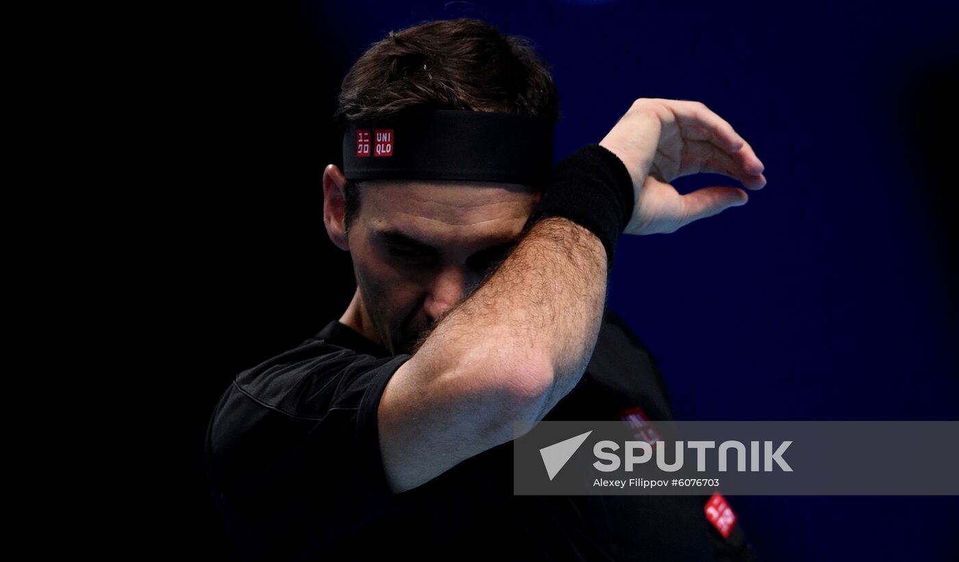 Switzerland's Roger Federer reacts during the semi final men's singles tennis match against Greece's Stefanos Tsitsipas at the ATP World Tour Finals tournament in London, Britain. Location: United Kingdom, London. Author: Alexey Filippov/Sputnik. Britain Tennis ATP Tour Finals