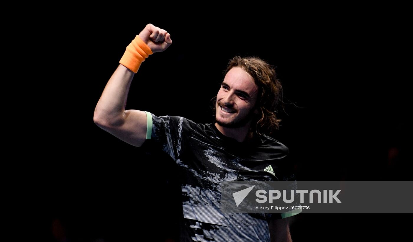 Greece's Stefanos Tsitsipas celebrates his victory at the semi final men's singles tennis match against Switzerland's Roger Federer at the ATP World Tour Finals tournament in London, Britain. Location: United Kingdom, London. Author: Alexey Filippov/Sputnik. Britain Tennis ATP Tour Finals