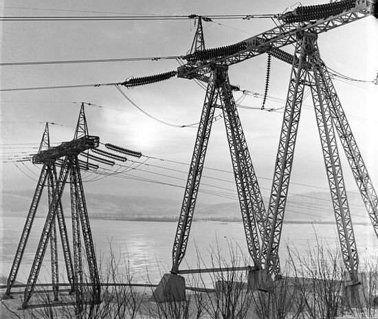 Power transmission line on bank of Volga River