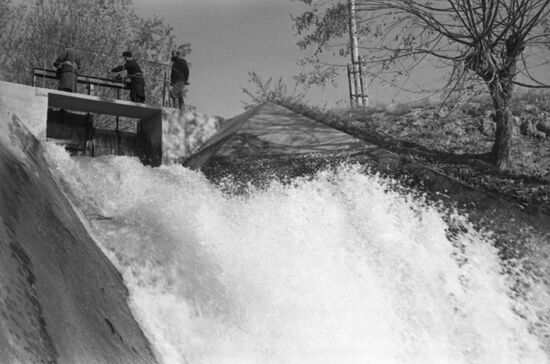 Irrigation canal lock at Pravda collective farm in Tajikistan