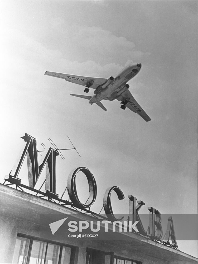 Tupolev Tu-104 plane above the Sheremetyevo Airport