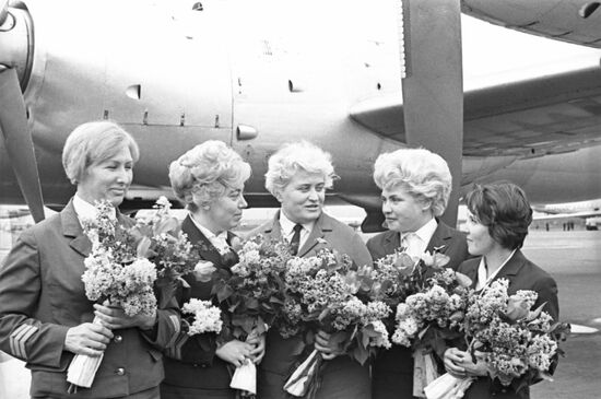 Women's crew of Ilyushin Il 18 turboprop plane