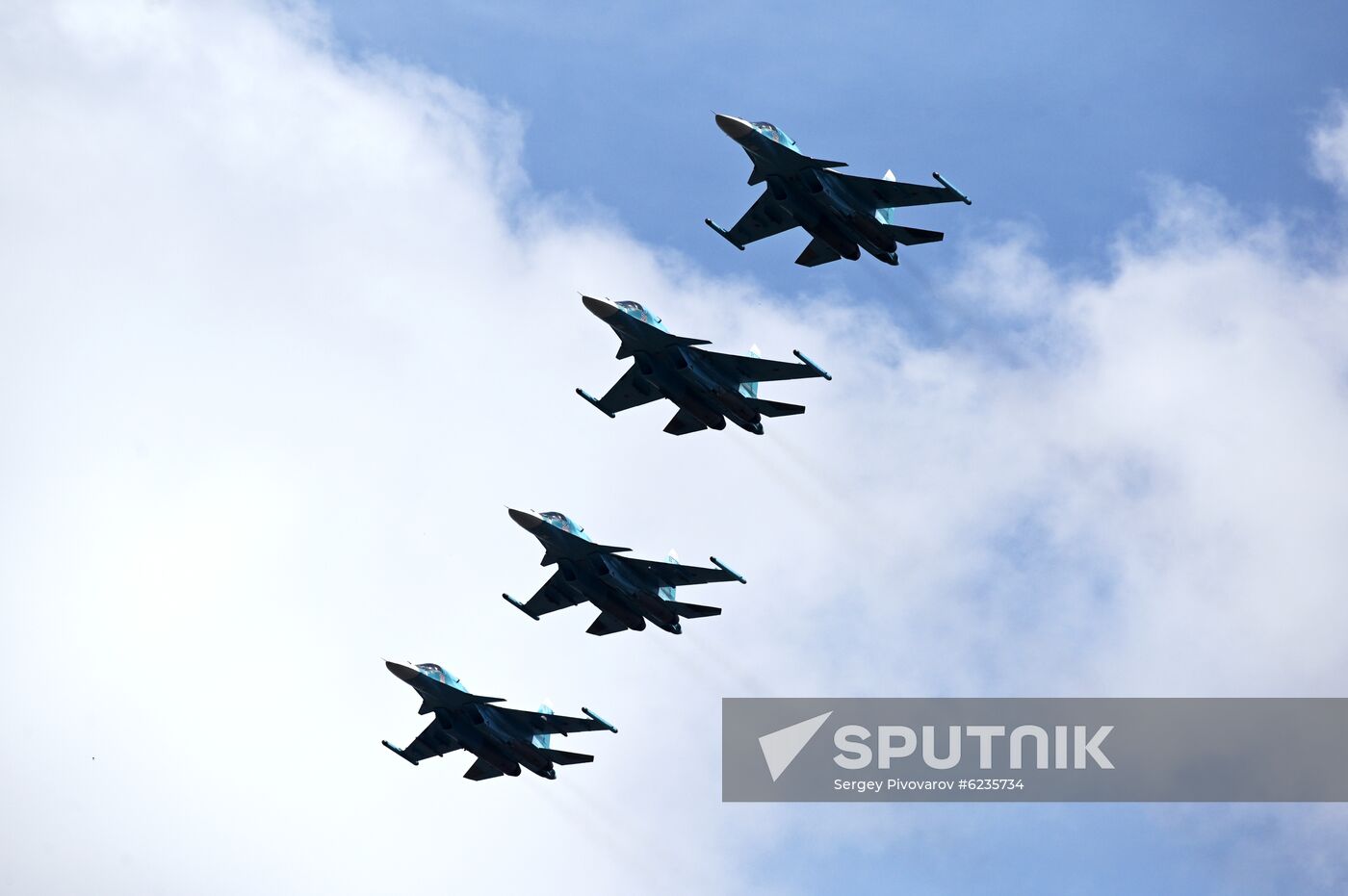 Russian SU-30SM fighters fly during the rehearsal of the aerial part of the parade dedicated to the celebration of the 75th anniversary of Victory in the Great Patriotic war in Rostov-on-Don, Russia. Location: Russia, Rostov-on-Don. Author: Sergey Pivovarov/Sputnik. Russia Victory Day Parade Rehearsal